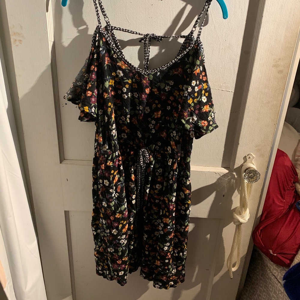 off the shoulder black floral dress